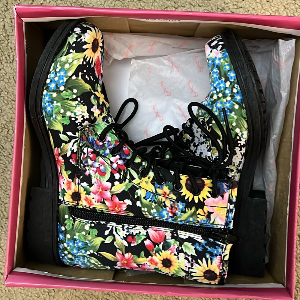 Floral combat boots, in original box, not worn, size 7